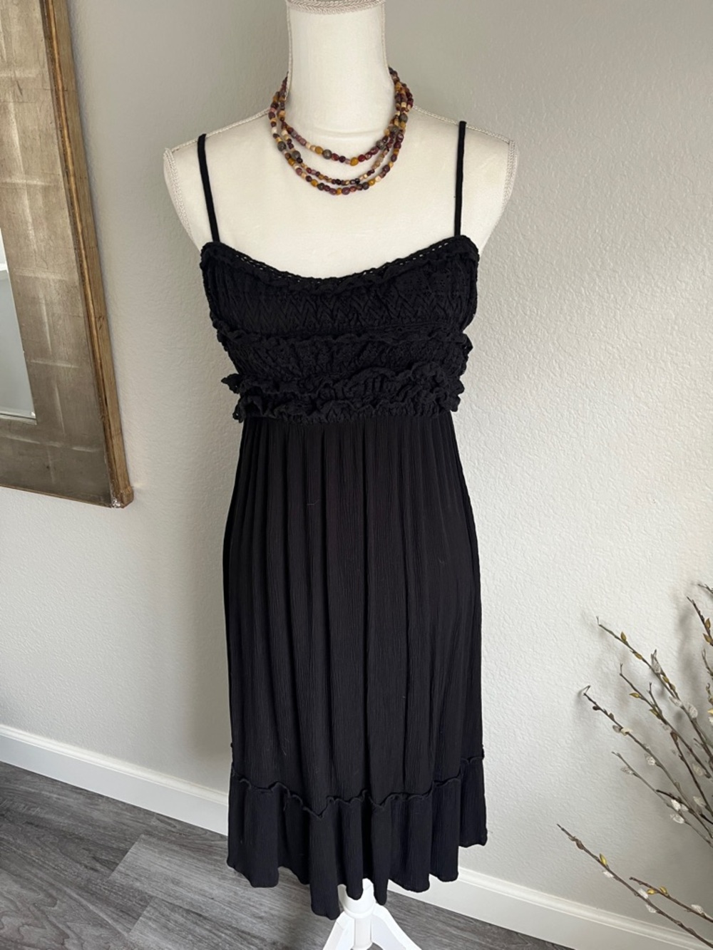 Charlotte Russe Black Smocked Midi Dress with Spaghetti Straps